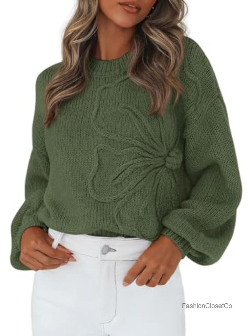 Oversized 3D Floral Knit Sweater Pullover Crew Neck Lantern Sleeve